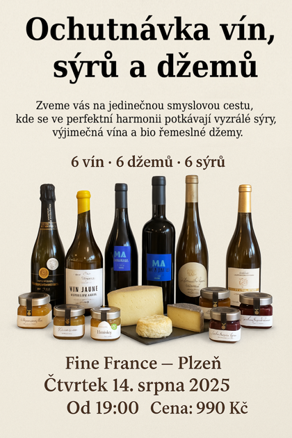 Čtvrtek 14. srpna 19:00 : Ochutnávka vína, sýrů a bio džemů